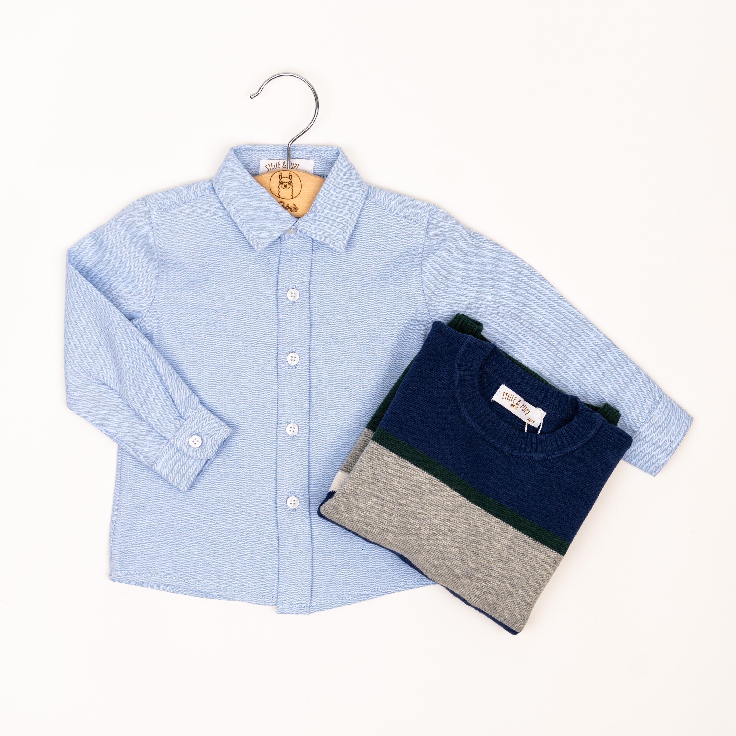 Set Maglione righe grigio e blu + camicia