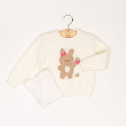 Set Maglione peluche coniglietto Bianco+maglia bianca