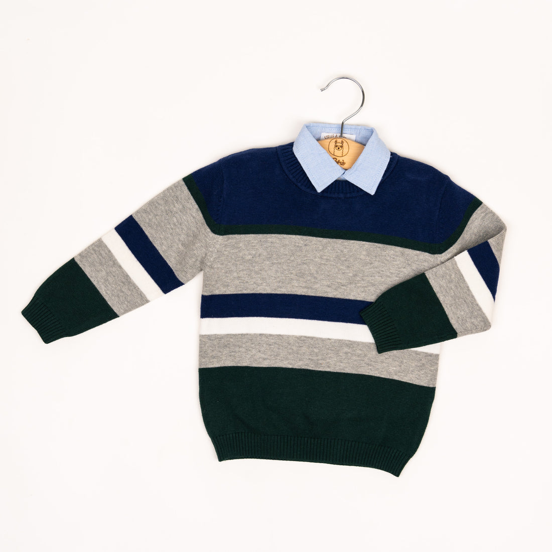 Set Maglione righe grigio e blu + camicia